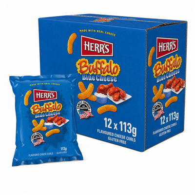 HERR'S 113g Buffalo Blue Box containing Buffalo Blue Cheese flavoured snacks, gluten-free, made with real cheese.