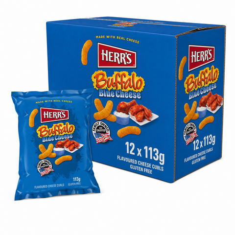 HERR'S 113g Buffalo Blue Box containing Buffalo Blue Cheese flavoured snacks, gluten-free, made with real cheese.