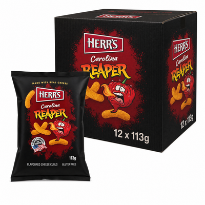 HERR'S 113g Carolina Reaper Box featuring bold flavored cheese curls and packaging for spicy snack lovers.