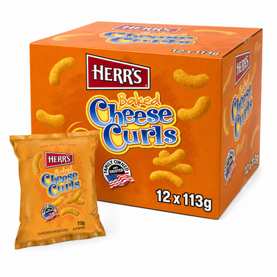 HERR'S 113g Cheese Box featuring baked cheese curls in a 12-pack, perfect for snacking.