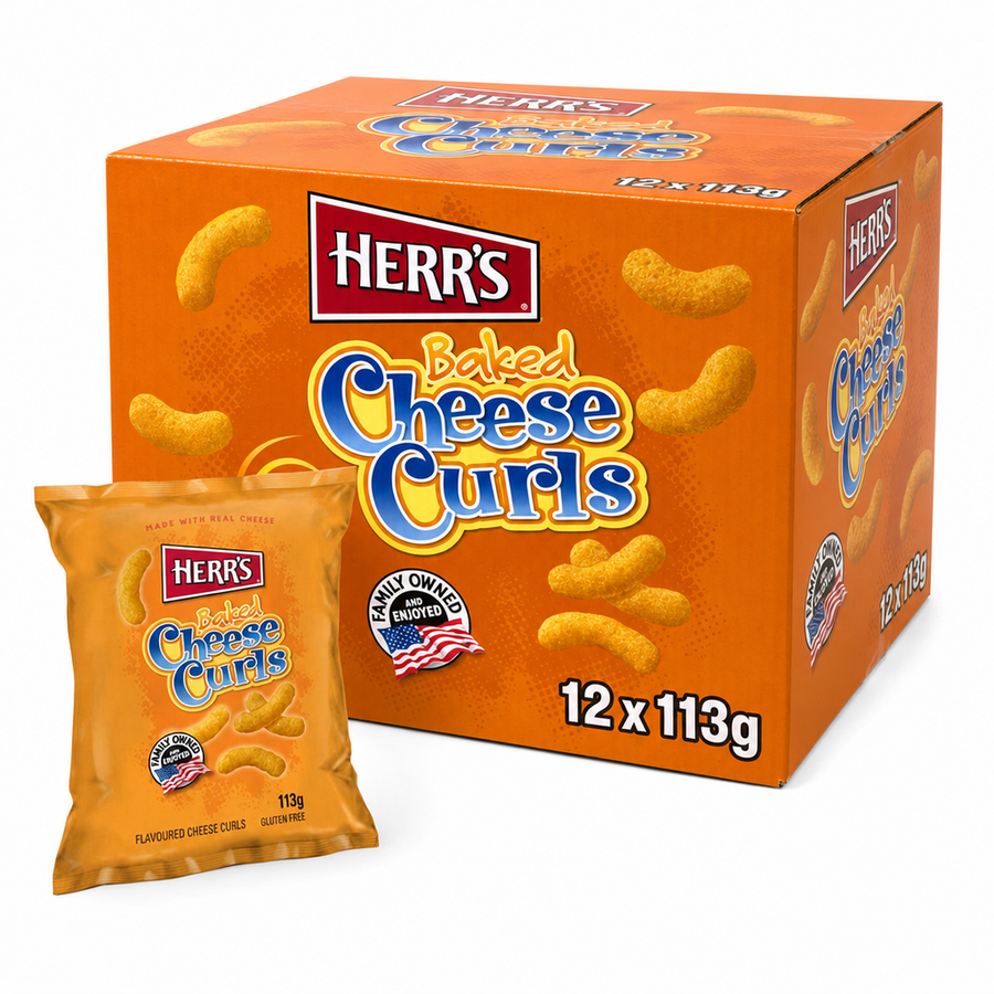 HERR'S 113g Cheese Box featuring baked cheese curls in a 12-pack, perfect for snacking.