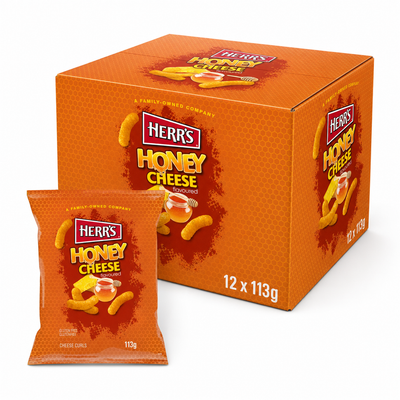 HERR'S 113g Honey Cheese Box with individual cheese curls package displayed.