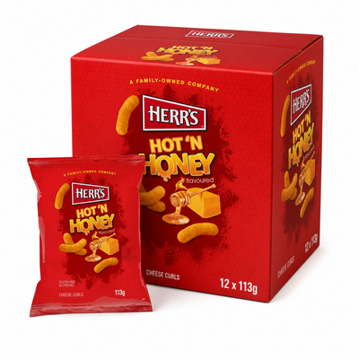 HERR'S 113g Hot Honey Box featuring a box and bag of cheese curls with a sweet and spicy flavor.