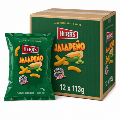 HERR'S 113g Jalapeno Box featuring 113g flavored cheese curls in a green bag with a cardboard box.