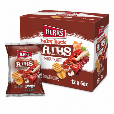 HERR'S 6oz Baby Back Rib Box featuring potato chips with baby back ribs flavor.