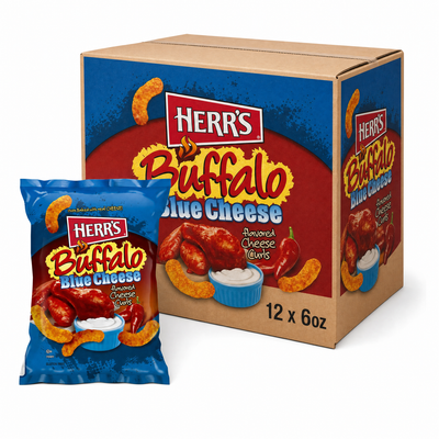 HERR'S 6oz Buffalo Blue Cheese Curls Box featuring a pack and box of flavored cheese curls.
