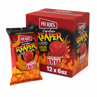 HERR'S 6oz Carolina Reaper Cheese Curls Box showcasing spicy cheese curls and packaging.