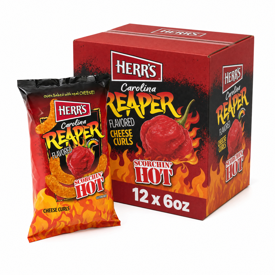 HERR'S 6oz Carolina Reaper Cheese Curls Box showcasing spicy cheese curls and packaging.