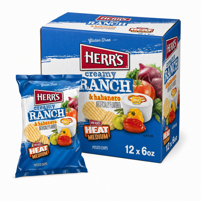 HERR'S 6oz Creamy Ranch & Habanero Box featuring potato chips and gluten-free packaging.