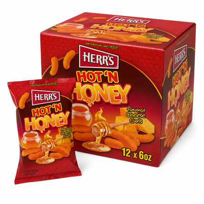 HERR'S 6oz Hot 'N Honey Cheese Curls Box featuring cheese curls drizzled with honey.