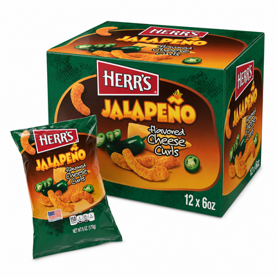 HERR'S 6oz Jalapeno Popper Cheese Curls Box featuring snacking options of cheese curls and bold flavors