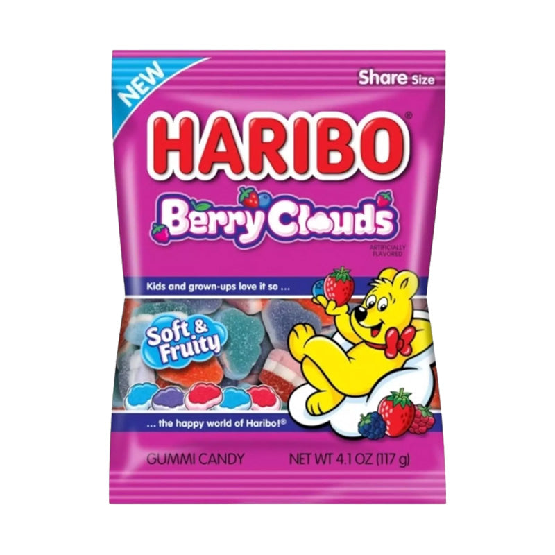 Haribo Berry Clouds 142g Box, soft foam gummy sweets in berry flavor, 117g bag with colorful cloud shapes.