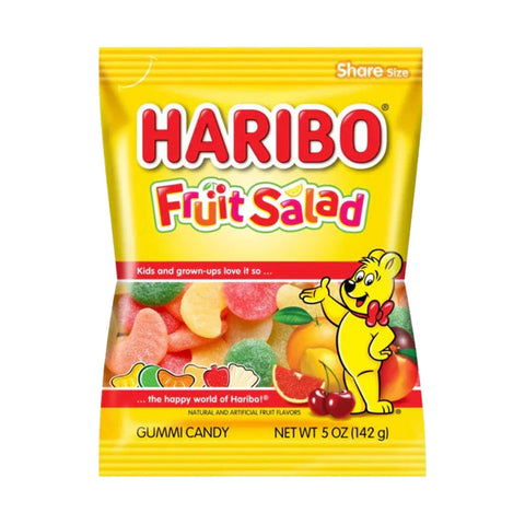 Haribo Fruit Salad 142g Box featuring fruit-shaped gummy sweets in bright colors and flavors, 5 oz packaging.