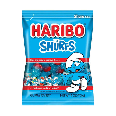 Haribo Smurfs 142g Box featuring blue Smurf-shaped gummy sweets in a playful packaging.