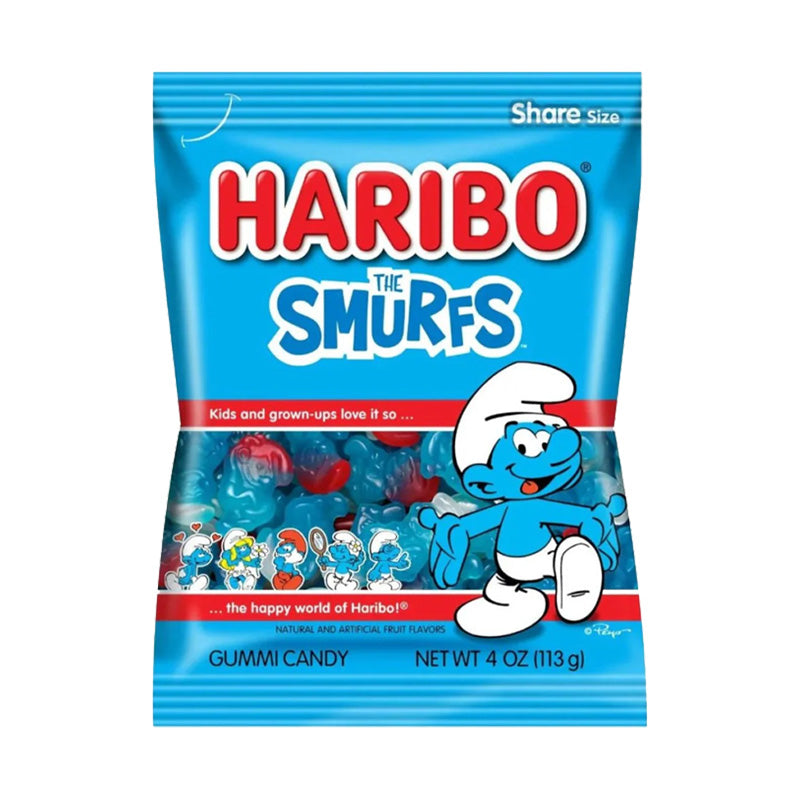 Haribo Smurfs 142g Box featuring blue Smurf-shaped gummy sweets in a playful packaging.