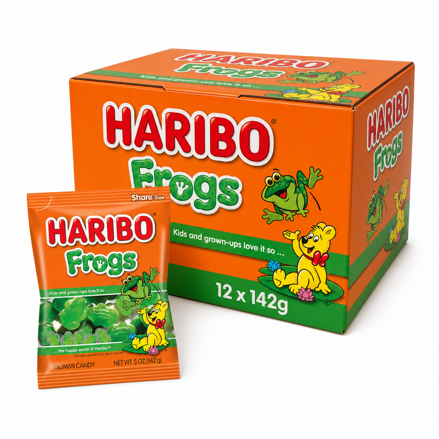 Haribo Frogs 142g Box featuring vibrant packaging and gummy frog candy.