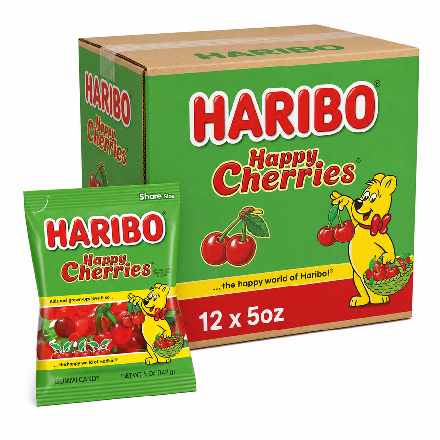 Haribo Happy Cherries 5oz Box featuring a pack and box of gummy candy with cherry design.