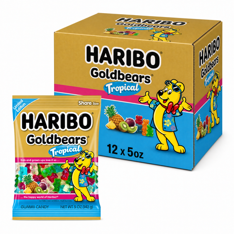 Haribo Sour Gold Tropical 5oz Box featuring gummy bears and colorful packaging.