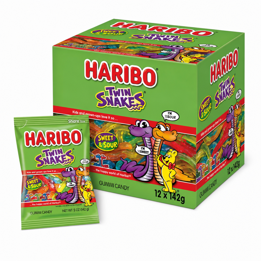 Haribo Twin Snakes 142g Box with multiple packs of gummy candy in a colorful box.