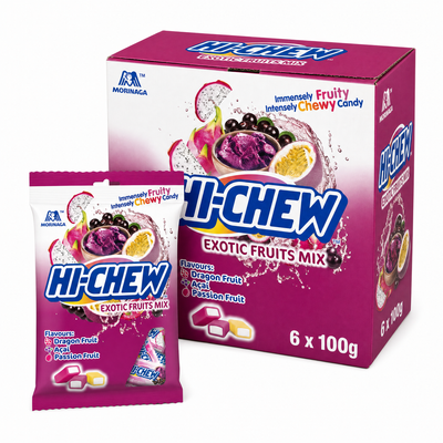 Hi-Chew 100g Exotic Box featuring vibrant packaging and tropical fruit flavors.