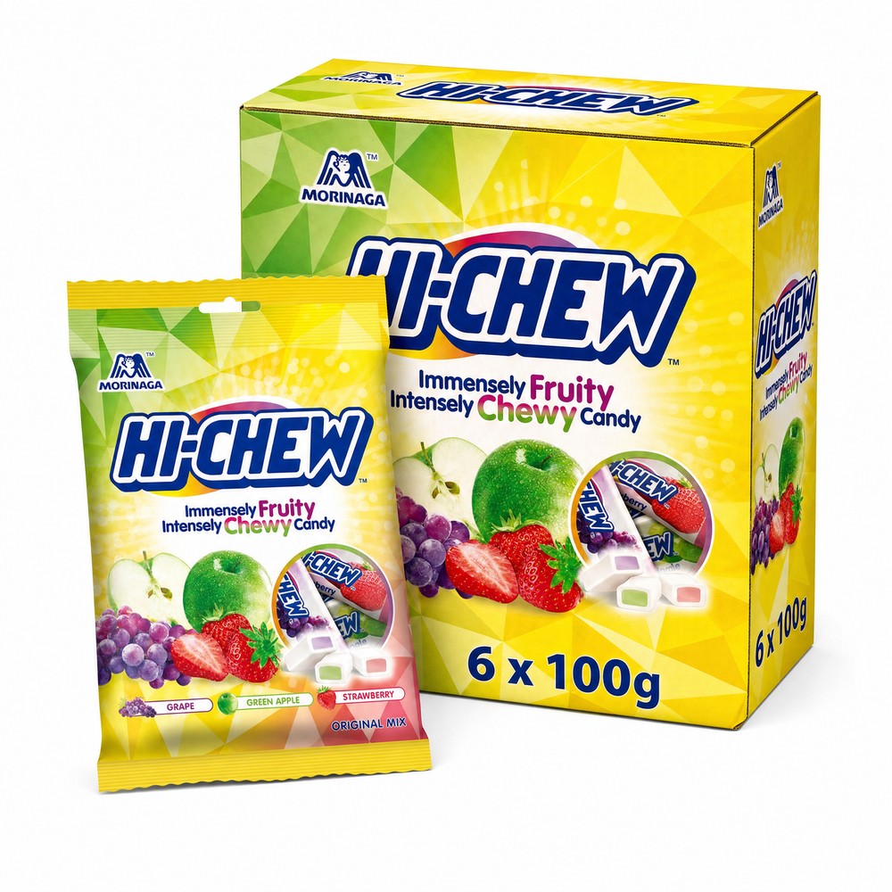 Hi-Chew 100g Original Box with assorted fruit flavors and packaging, intensely chewy candy by Morinaga.