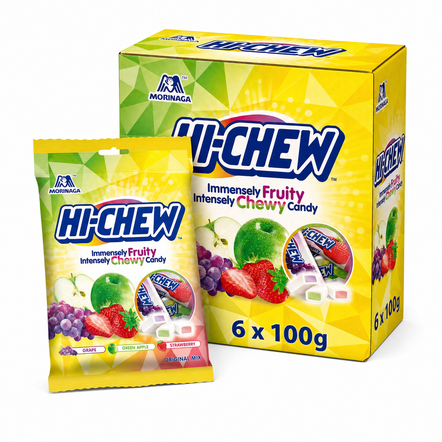 Hi-Chew 100g Original Box with assorted fruit flavors and packaging, intensely chewy candy by Morinaga.