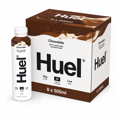 Huel Ready-to-Drink Meal 500ml Chocolate Box with bottle and packaging, nutritionally complete meal.