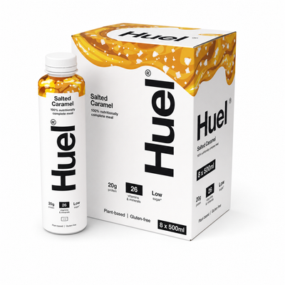 Huel Ready-to-Drink Meal 500ml Salted Caramel Box with bottle and packaging, featuring nutritional details.