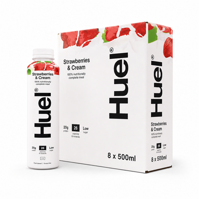 Huel Ready-to-Drink Meal 500ml Strawberries & Cream Box packaging and bottle, featuring 100% nutritionally complete meal.