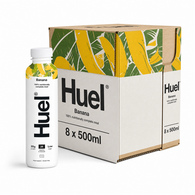 Huel Ready-to-Drink Meal 500ml Banana Box with banana-flavored bottle and packaging featuring 8 x 500ml servings.