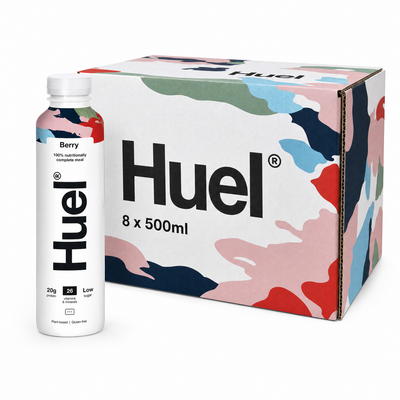 Huel Ready-to-Drink Meal 500ml Berry Box featuring a bottle and box with vibrant design.