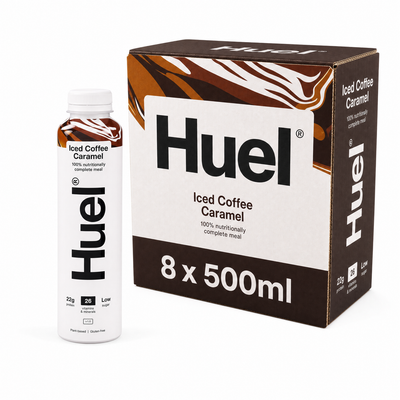 Huel Ready-to-Drink Meal 500ml Iced Coffee Caramel Box with 8 bottles of nutritionally complete meals.