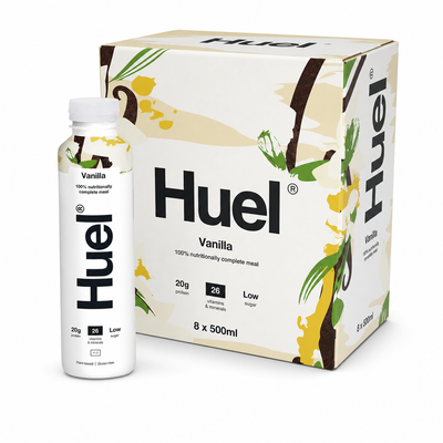 Huel Ready-to-Drink Meal 500ml Vanilla Box with bottle and packaging.