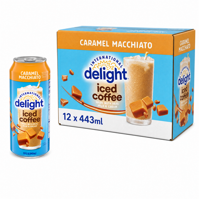 International Delight Caramel Macchiato Iced Coffee 443ml Box with can and carton