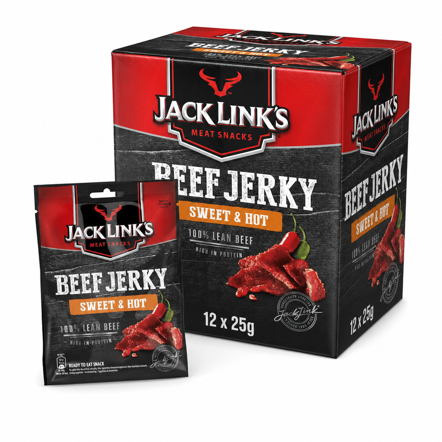 Jack Links Beef Jerky Sweet & Hot 25g Box with individual packs of beef jerky, showcasing rich flavors.