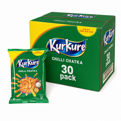 Kur Kure Chilli Chatka Box featuring a 30 pack and individual snack packet.