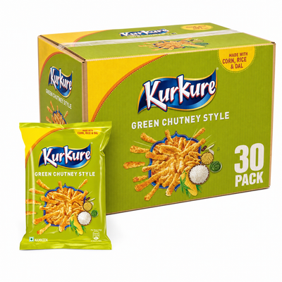 Kur Kure Green Chutney Style Box featuring a 30 pack with a vibrant yellow and green design.