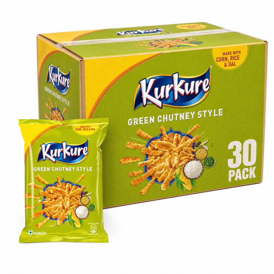 Kur Kure Green Chutney Style Box featuring a 30 pack with a vibrant yellow and green design.