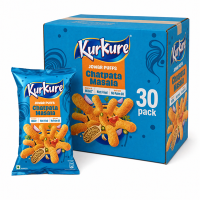 Kur Kure Jowar Puff Box featuring a 30 pack of Chatpata Masala Jowar Puffs in blue packaging.