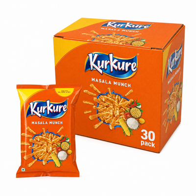 Kur Kure Masala Munch Box with a 30 pack of savory snacks and single serving bag on display.