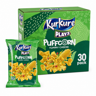 KurKure Puff Corn Box featuring Puffcorn Yummy Cheese snack pack and 30 count box.