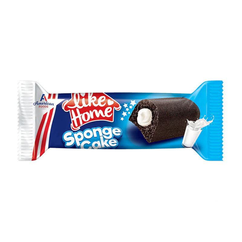 Like Home Sponge Cake Black White Milky Cream 40g Halal Box packaging showing a chocolate sponge cake roll with cream filling.