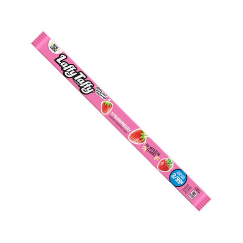 Laffy Taffy Rope Strawberry 23g packaging featuring a vibrant pink design and strawberry graphics.