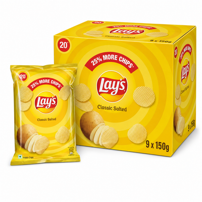 Lays 150g Classic Salted Box featuring a pack of Classic Salted potato chips with a box of 9 x 150g.