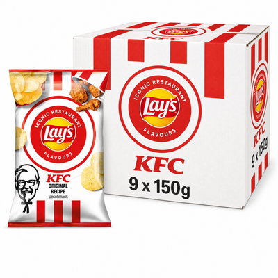 Lays 150g Kfc Box featuring KFC Original Recipe potato chips in a box of 9, showcasing iconic American flavors.