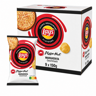 Lays 150g Pizza Hut Margherita Box with potato chips featuring pizza flavors and packaging design.