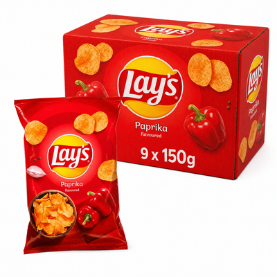Lays 150g Red Paprika Box - crispy potato chips with a sweet, smoky red paprika seasoning in a 150g bag.