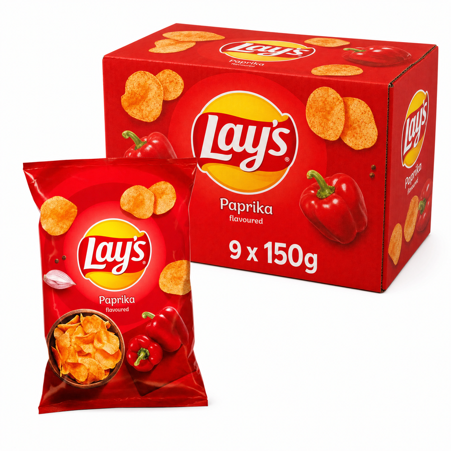 Lays 150g Red Paprika Box - crispy potato chips with a sweet, smoky red paprika seasoning in a 150g bag.