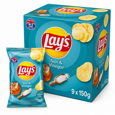 Lays 150g Salt And Vinegar Box with individual packet showcasing bold flavor and packaging design.