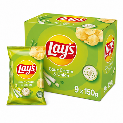 Lays 150g Sour Cream And Onion Box with crispy potato chips and tangy seasoning.